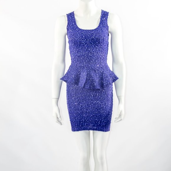 Peplum Bodycon Lace Blue Dress Short Iridescent Party Cocktail Mini Sz Small - Picture 2 of 5